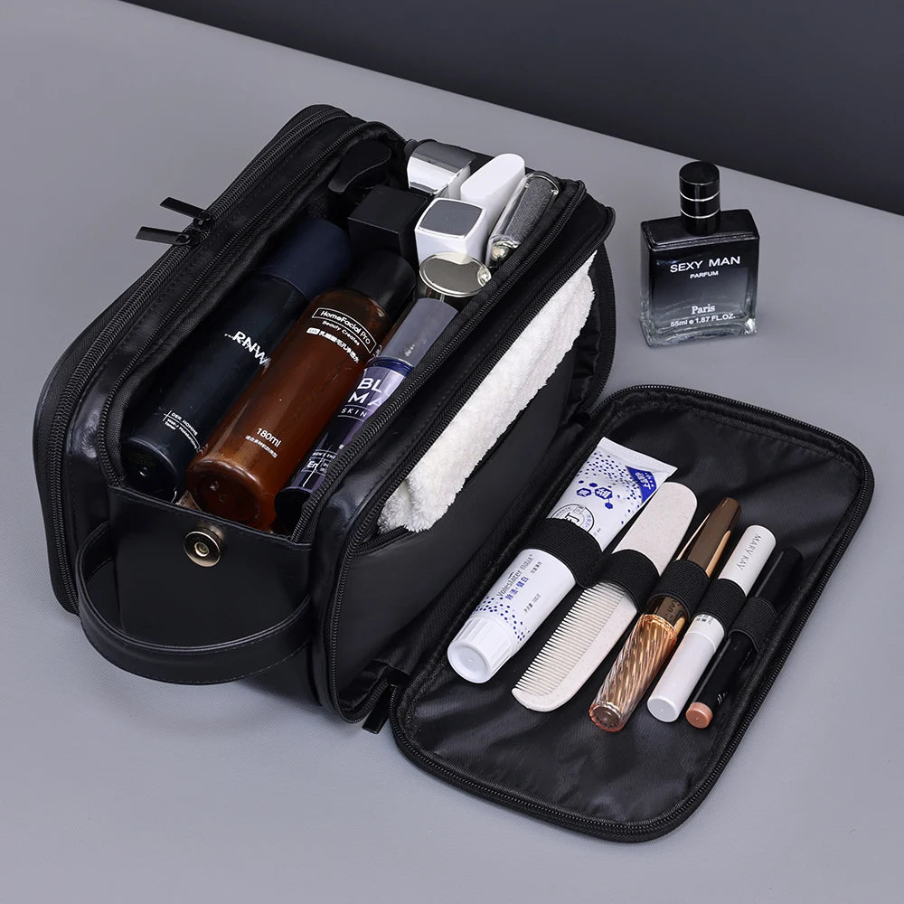 Trousse toilette homme marron – cuir PU vintage – grande capacité voyage