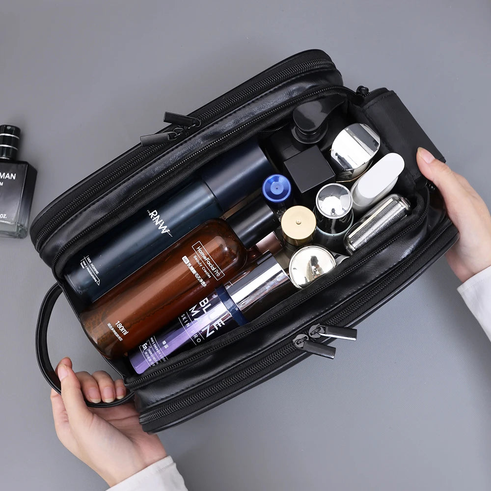 Trousse toilette homme marron – cuir PU vintage – grande capacité voyage