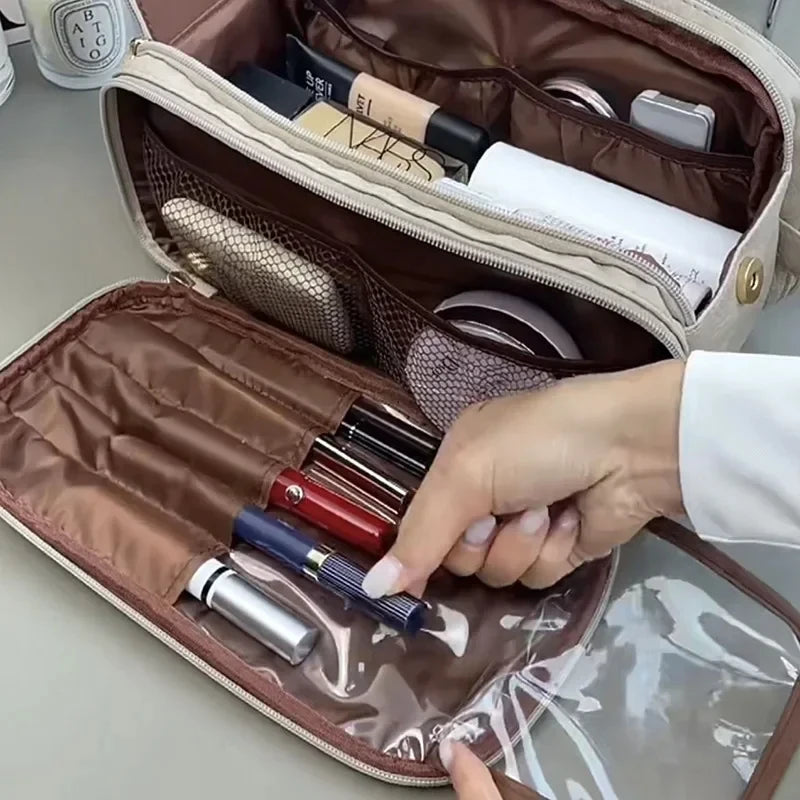 Multifunctional Makeup Bag For Women PU Leather Large Capacity Portable Double Zipper Travel Makeup Brush Toiletries Storage Bag
