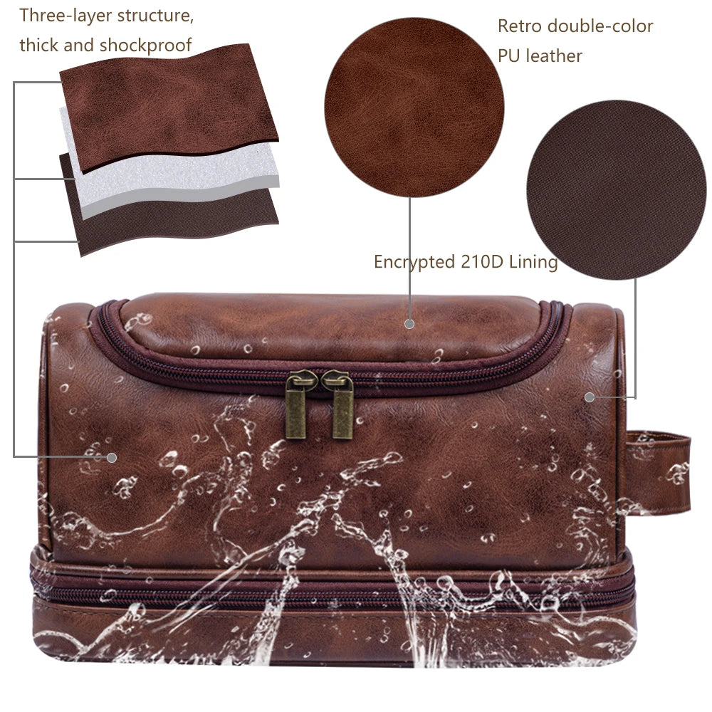 Trousse de toilette homme XL marron vintage, étanche - voyage