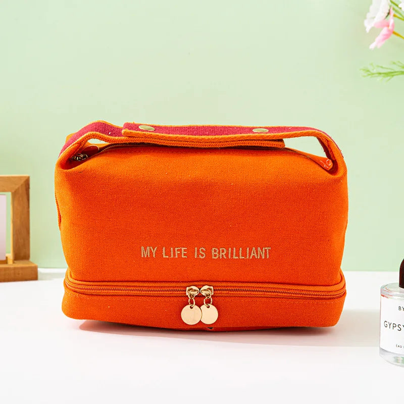 Ins Double Layer Waterproof Cosmetic Bag Fashion Women Large Capacity Portable Canvas Travel Organizer Makeup Storage Tote Bag