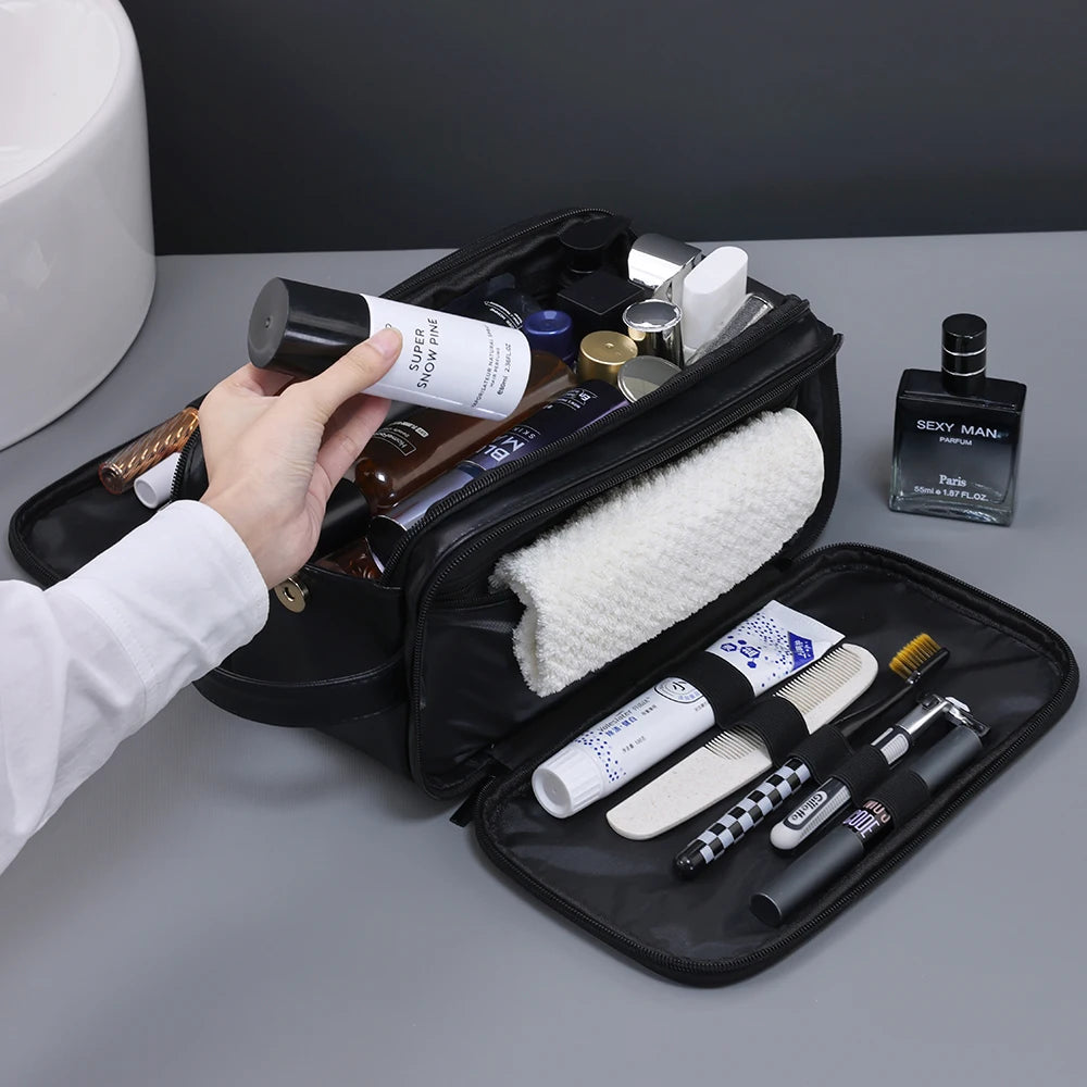 Trousse toilette homme marron – cuir PU vintage – grande capacité voyage