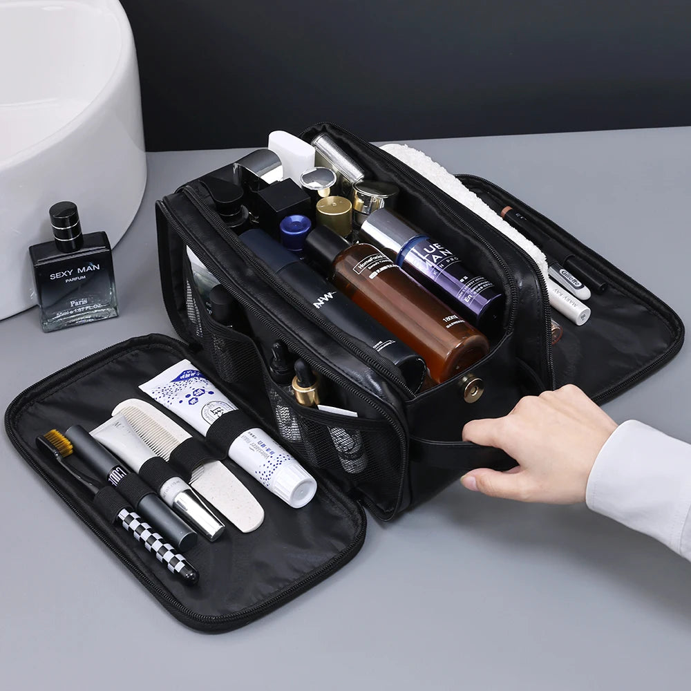 Trousse toilette homme marron – cuir PU vintage – grande capacité voyage
