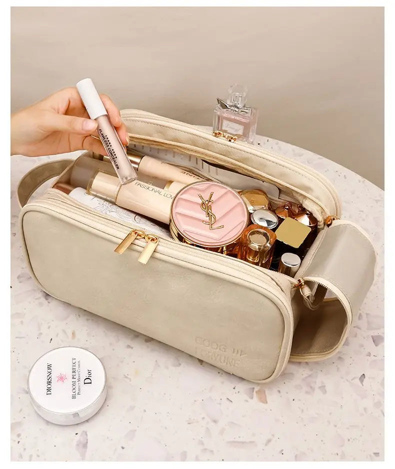 Multifunctional Makeup Bag For Women PU Leather Large Capacity Portable Double Zipper Travel Makeup Brush Toiletries Storage Bag