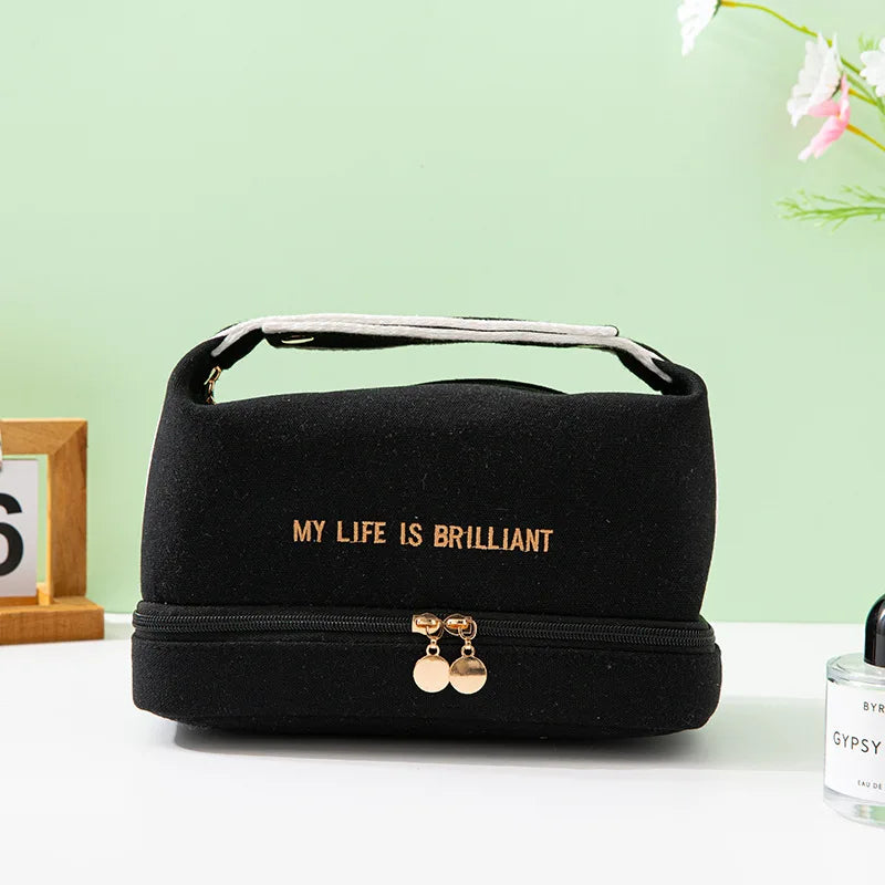 Ins Double Layer Waterproof Cosmetic Bag Fashion Women Large Capacity Portable Canvas Travel Organizer Makeup Storage Tote Bag