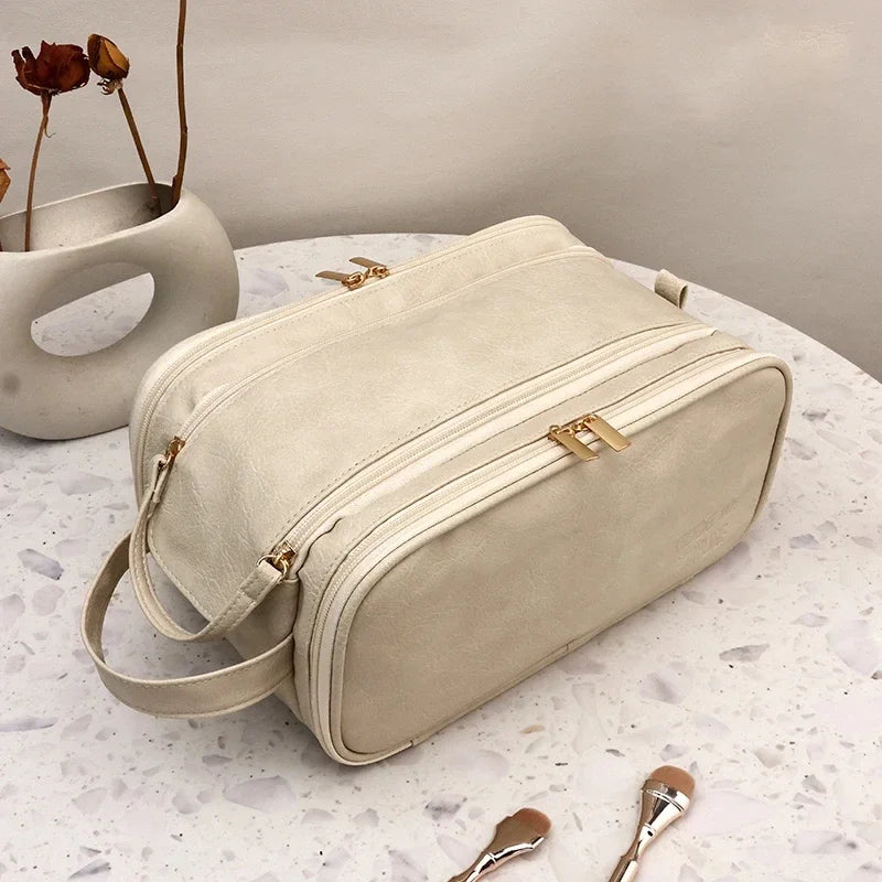 Multifunctional Makeup Bag For Women PU Leather Large Capacity Portable Double Zipper Travel Makeup Brush Toiletries Storage Bag