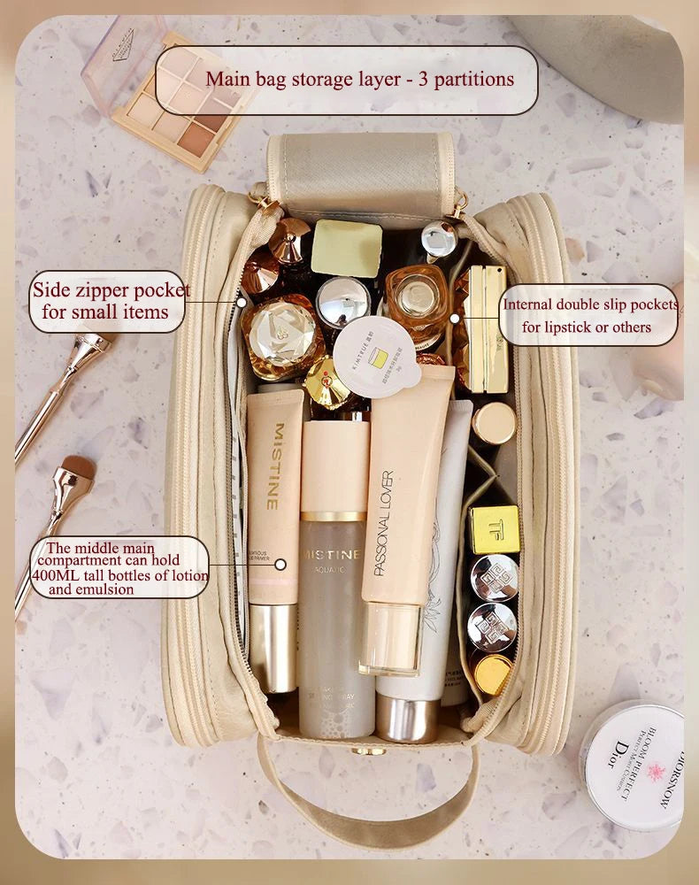 Multifunctional Makeup Bag For Women PU Leather Large Capacity Portable Double Zipper Travel Makeup Brush Toiletries Storage Bag