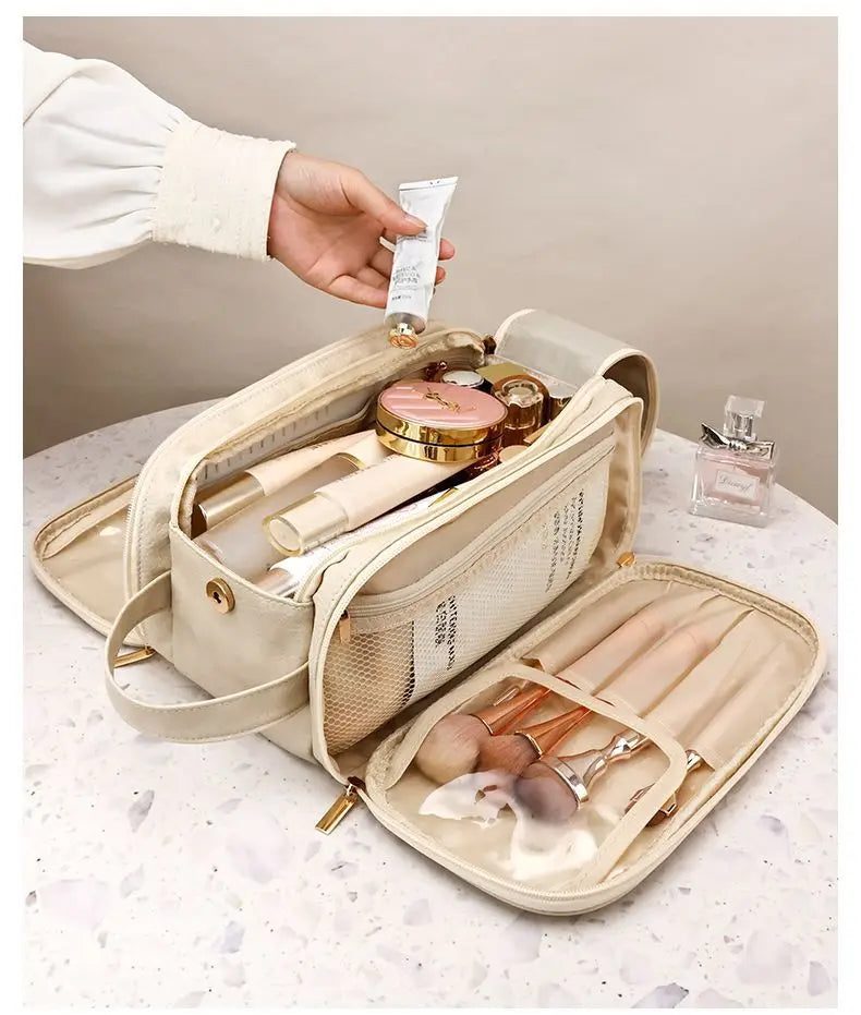 Multifunctional Makeup Bag For Women PU Leather Large Capacity Portable Double Zipper Travel Makeup Brush Toiletries Storage Bag