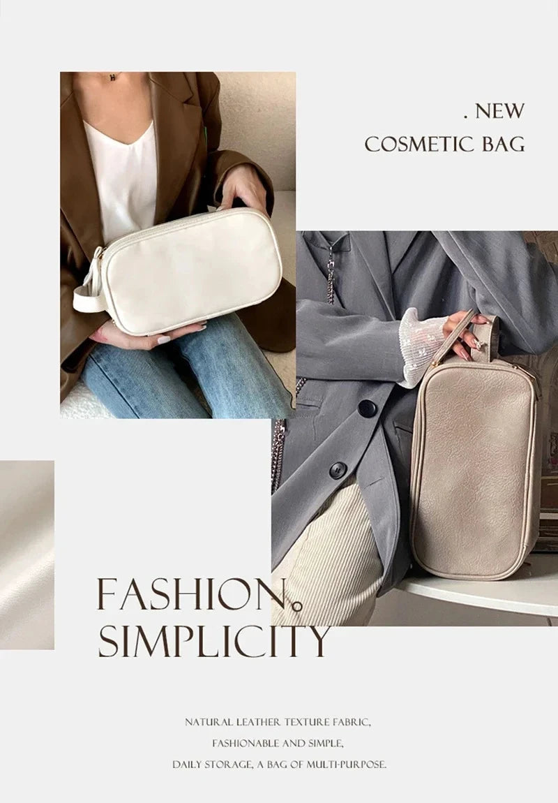 Multifunctional Makeup Bag For Women PU Leather Large Capacity Portable Double Zipper Travel Makeup Brush Toiletries Storage Bag
