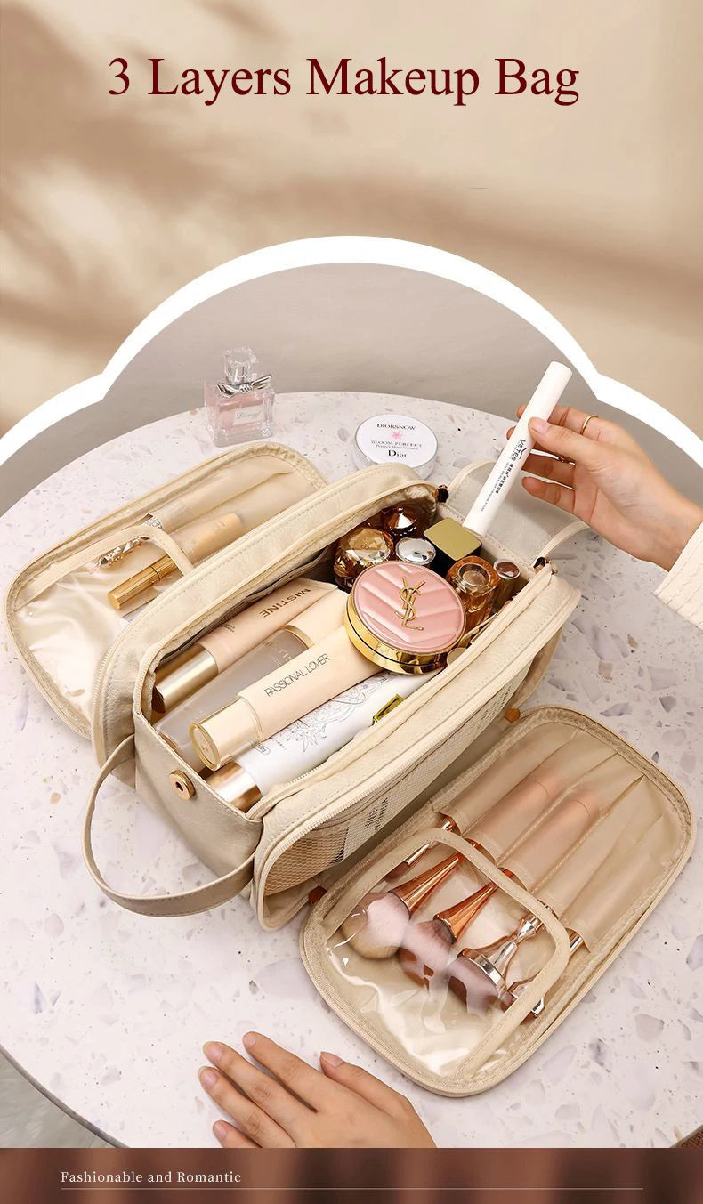 Multifunctional Makeup Bag For Women PU Leather Large Capacity Portable Double Zipper Travel Makeup Brush Toiletries Storage Bag