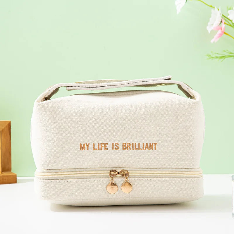 Ins Double Layer Waterproof Cosmetic Bag Fashion Women Large Capacity Portable Canvas Travel Organizer Makeup Storage Tote Bag