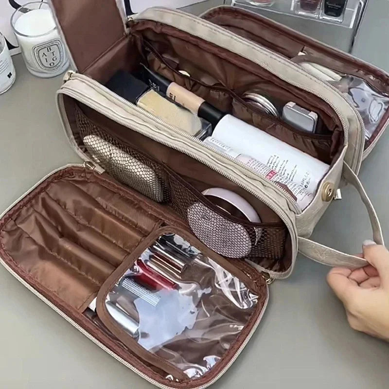Multifunctional Makeup Bag For Women PU Leather Large Capacity Portable Double Zipper Travel Makeup Brush Toiletries Storage Bag