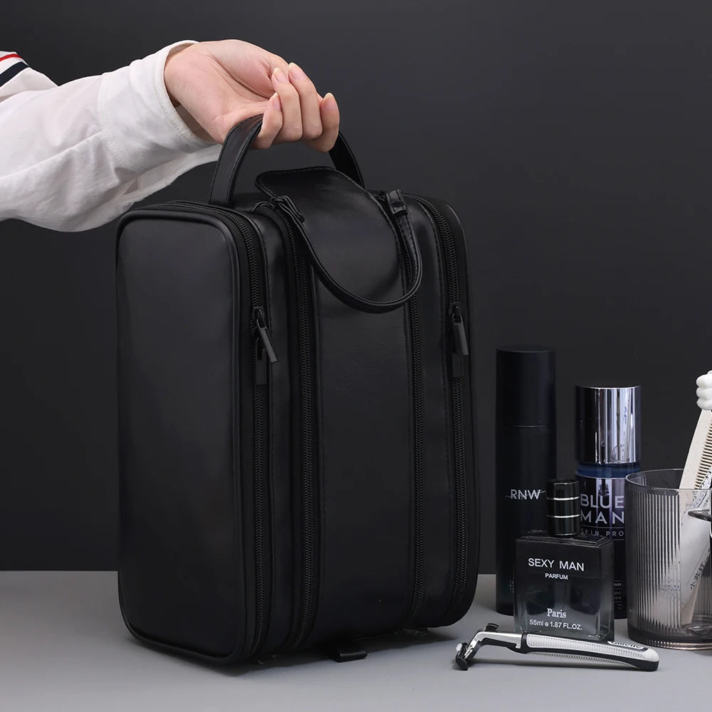 Trousse toilette homme marron – cuir PU vintage – grande capacité voyage