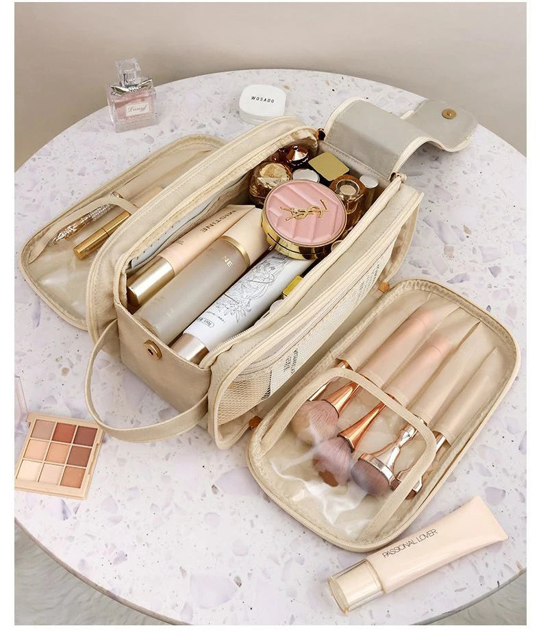 Multifunctional Makeup Bag For Women PU Leather Large Capacity Portable Double Zipper Travel Makeup Brush Toiletries Storage Bag