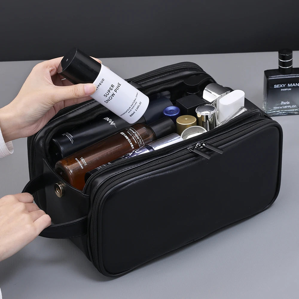 Trousse toilette homme marron – cuir PU vintage – grande capacité voyage