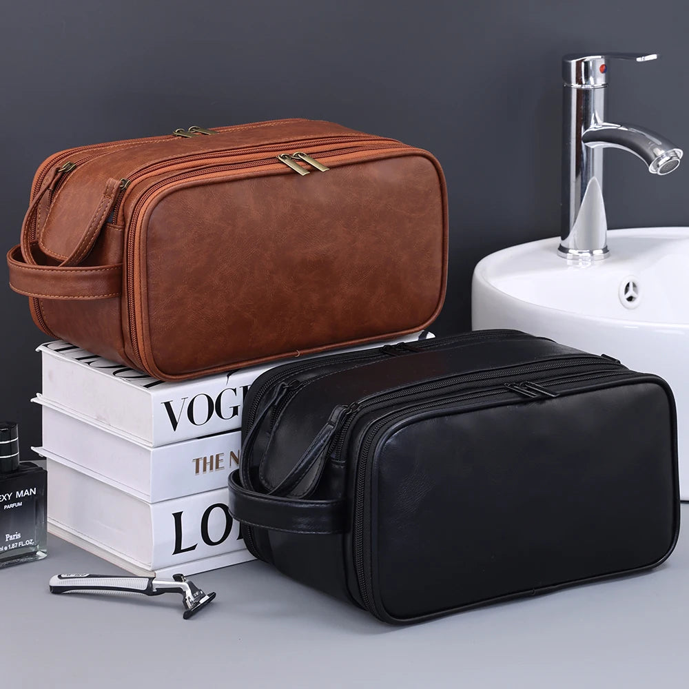 Trousse toilette homme marron – cuir PU vintage – grande capacité voyage