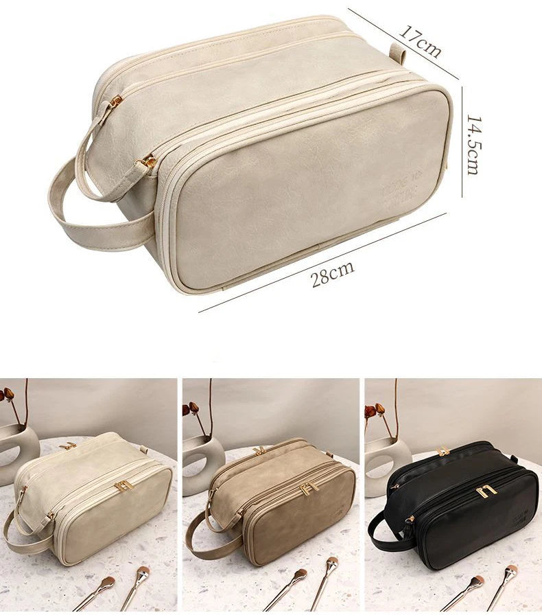 Multifunctional Makeup Bag For Women PU Leather Large Capacity Portable Double Zipper Travel Makeup Brush Toiletries Storage Bag