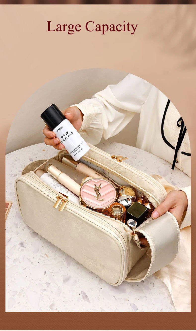 Multifunctional Makeup Bag For Women PU Leather Large Capacity Portable Double Zipper Travel Makeup Brush Toiletries Storage Bag