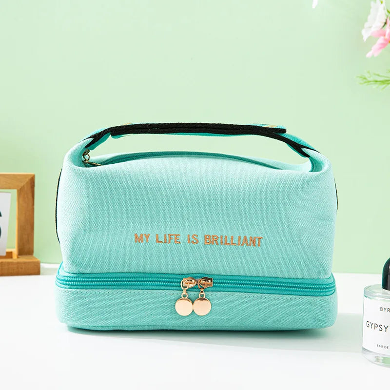 Ins Double Layer Waterproof Cosmetic Bag Fashion Women Large Capacity Portable Canvas Travel Organizer Makeup Storage Tote Bag