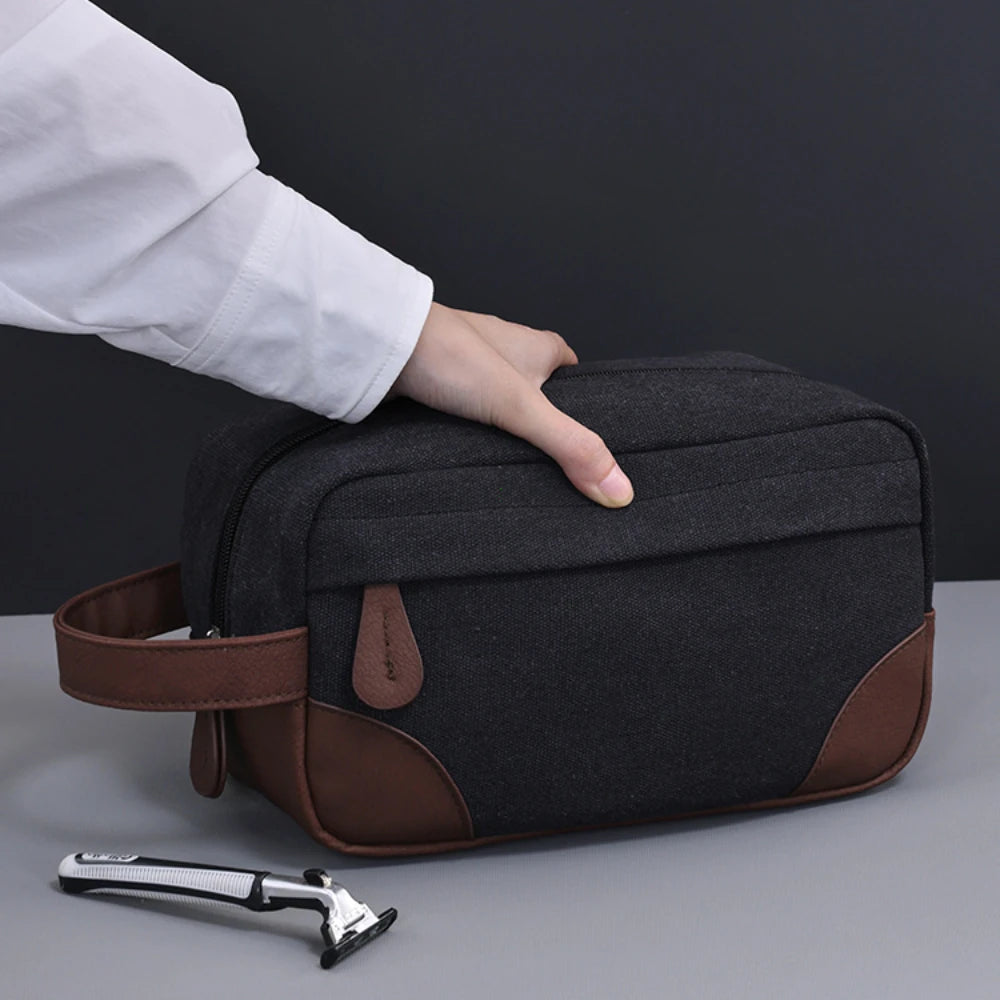 Trousse de toilette homme noire toile & cuir PU – Grand format voyage