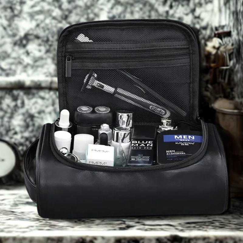 Trousse toilette homme noire – cuir PU étanche – week-end & pro