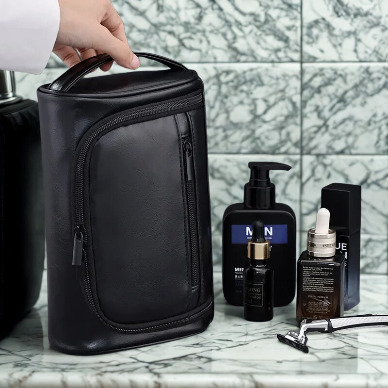 Trousse toilette homme noire – cuir PU étanche – week-end & pro