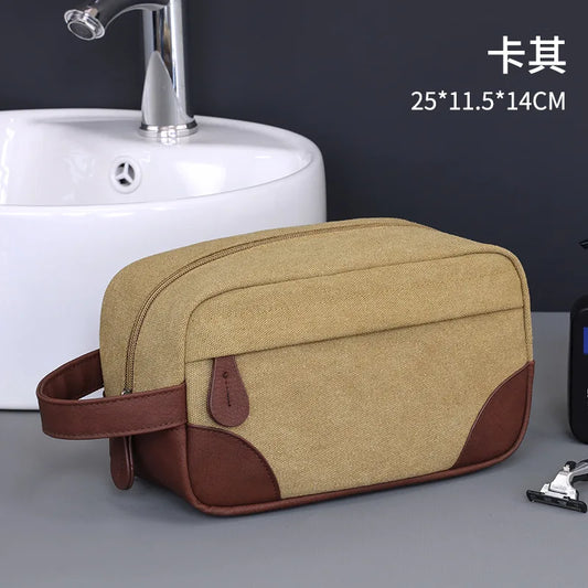 Trousse de toilette homme toile kaki & cuir PU – Style baroudeur week-end
