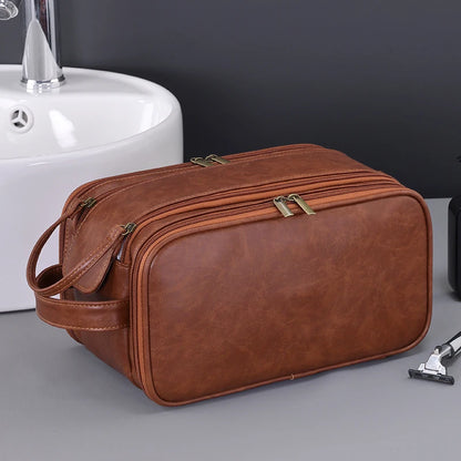 Trousse toilette homme marron – cuir PU vintage – grande capacité voyage