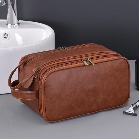 Trousse toilette homme marron – cuir PU vintage – grande capacité voyage