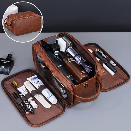 Trousse toilette homme marron – cuir PU vintage – grande capacité voyage