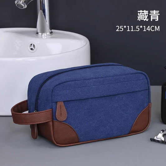 Trousse de toilette homme bleu toile & cuir PU – Voyage stylé & pratique