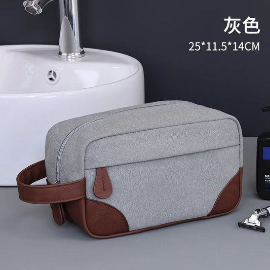 Trousse de toilette homme toile grise & cuir PU – Voyage & week-end