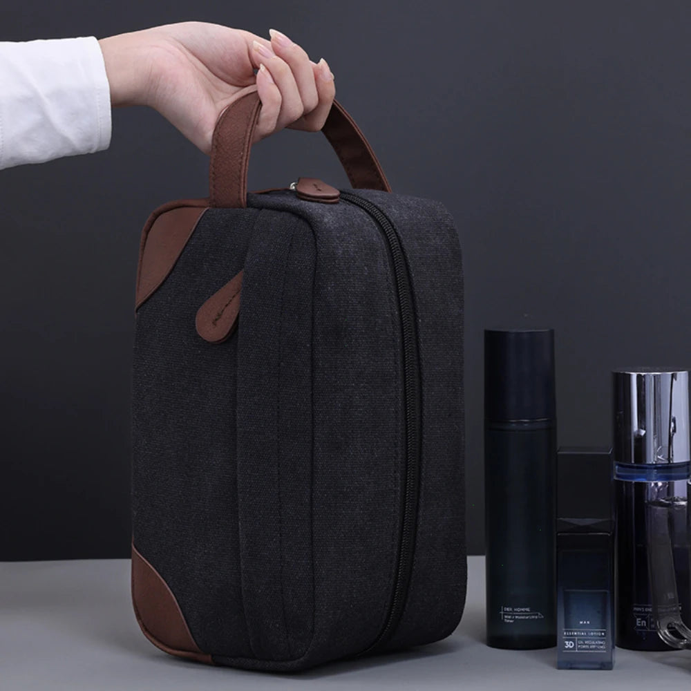 Trousse de toilette homme noire toile & cuir PU – Grand format voyage