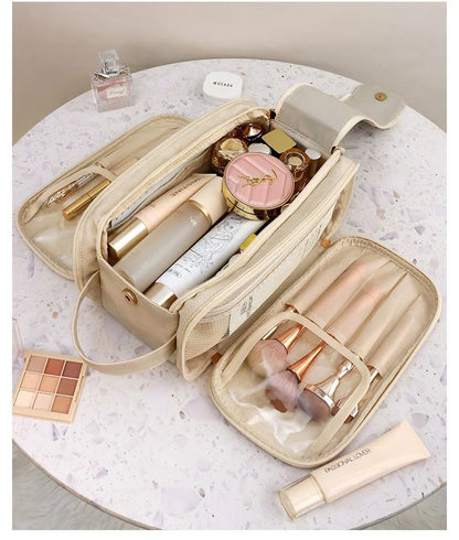 Multifunctional Makeup Bag For Women PU Leather Large Capacity Portable Double Zipper Travel Makeup Brush Toiletries Storage Bag