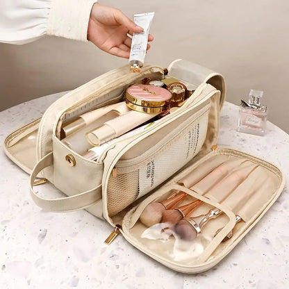 Multifunctional Makeup Bag For Women PU Leather Large Capacity Portable Double Zipper Travel Makeup Brush Toiletries Storage Bag
