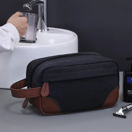 Trousse de toilette homme noire toile & cuir PU – Grand format voyage